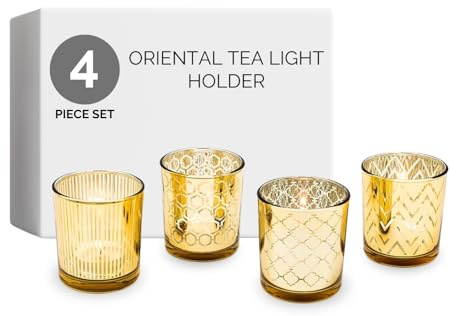 Flanacom Guldljushållare Set 4 delar - dekorativa glaslyktor med orientaliska ornament för romantisk middag