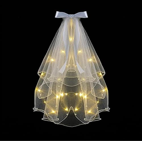 Capa Doble Velo De Novia con Cinta del Casco De Velo De Luz Led De Encaje Arcos Headwear Perla Velo Decoración Apoyo De Foto Accesorios para Muchachas De Mujeres