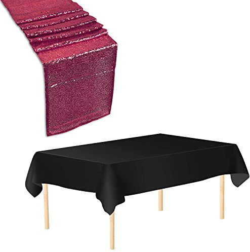 Trimming Shop Ensemble de chemin de table, 1 nappe de table jetable noire en plastique imperméable et 1 chemin de table à paillettes fuchsia de 27,9 x 274,3 cm pour anniversaire, mariage, fête de Noël