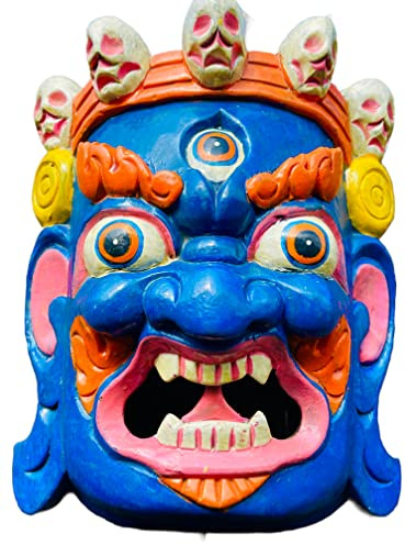 Himalayan Craft Bhairab Holz Wandskulptur Deko Maske Handgefertigte Gott Shiva Mahakala Kaal Bhairab Buddhismus Maske für Heimdekoration Wandbehang Lord Mahakal Bhairab Holz Wandmaske Handmade in