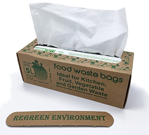 REGREEN 5 Litre Food Waste Bags Compostable Caddy Liners Small Biodegradable Bin Bags 100 Counts per Box White EN13432 Certified Kitchen Bin Liners