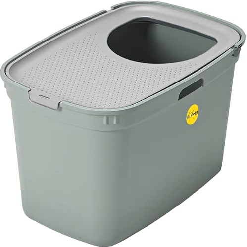 CAT CENTRE Large Top Entry Cat Litter Tray Extra Deep XL High Sided Covered Dog-Proof Toilet Box Pan Loo Kitten Cats Olive Green Base + Grey Lid Toddler-Proof Multi-Pet Households Rounded