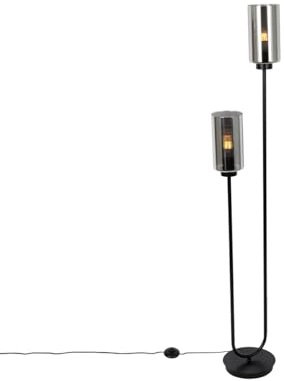 Qazqa Art Deco Stehleuchte, Stehlampe - Laura - Schwarz mit Rauchglas, max. 40W, Geeignet für LED, 2-flammig, 148cm, Ideal als Wohnzimmerlampe