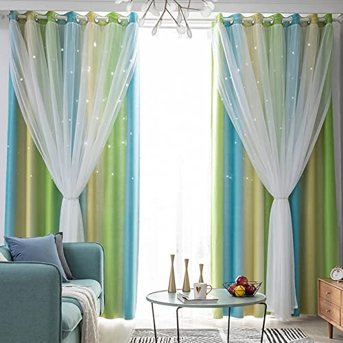 iyoimono 2er Set Vorhänge Sternen Mädchen Verdunkelung Voile Gardinen mit Ösen Grün Blau Vorhänge Farbverlauf Blickdicht für Kinderzimmer Schlafzimmer Wohnzimmer 160 × 132cm (H × B)