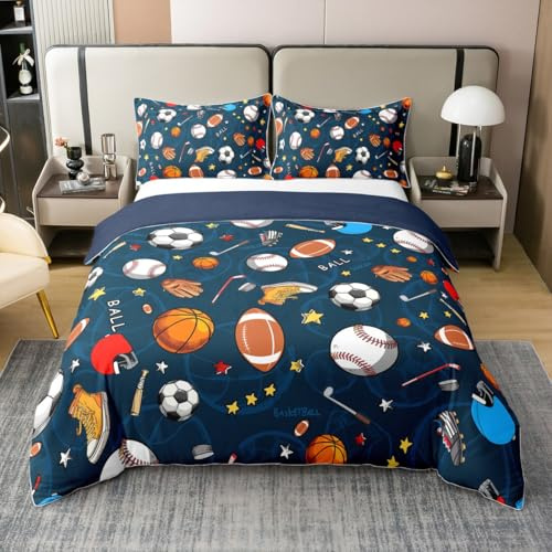 jejeloiu Sports Theme Duvet Cover 100% Cotton 3D Blue Ball Bedding 100% Cotton Set Baseball Football Basketball for Kids Microfiber Competitive Games Duvet Set Room Decor Quilt Cover Twin Size Zipper