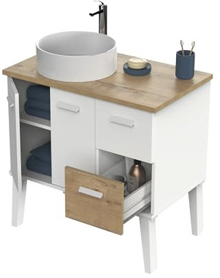 Muebles Pitarch | Mueble de Baño con Lavabo cerámico incluido, 80cm ancho, con Patas , 2 Cajones 2 Puertas, para Lavabo de sobreponer, Blanco y Roble Gold, estilo Moderno Nórdico Vintage modelo Aqua