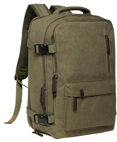 KAUKKO Canvas 40L reseryggsäck, vänlig handbagage ryggsäck för 15,6 tum bärbar dator, godkänd flygning vattenavvisande bagage hytt reseryggsäck weekendresa, Grön-fh11, M