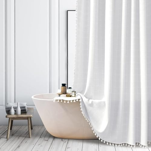 ggaimwf Tenda da doccia tessuto misto lino con nappine boho rustico Bianco | Finitura idrorepellente. Tessuto morbido con bella caduta. Lavabile in lavatrice. Bagno caldo e accogliente. Più misure