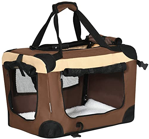 PawHut Hundebox faltbar Hundetransportbox 50,5 x 33,5 x 35 cm Transportbox mit Handgriff, Tasche Transporttasche Hundetasche für kleine Hunde Braun