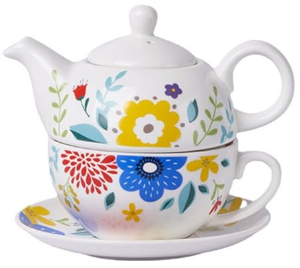 Bafnsiji Tazza di tè e piattino Set, Floreale China Tea per Un Set, 480ml teiera e 350ml Tazza con piattino, Porcellana Tazza teiera e Set piattino,C