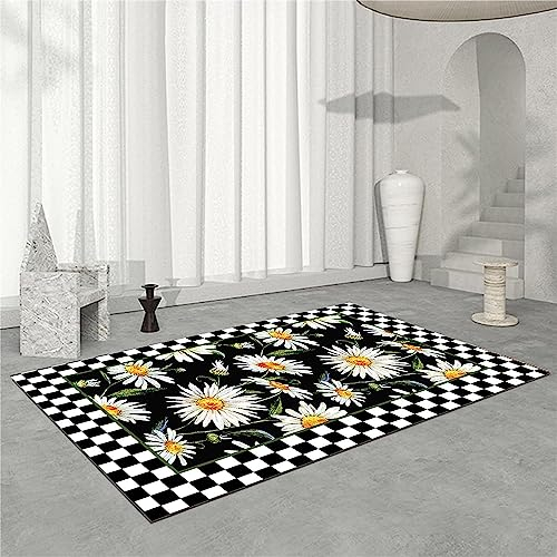 3D Vision Schlafzimmer Teppich Grüne Chrysantheme, Schwarz-Weiß Kariert Rutschfester Polyester-Teppich, Leicht Zu Reinigen, Spielzimmer, Badezimmer, Flur, Büro, Lobby, Wohnzimmer, Kinderzimmer, 4U6I