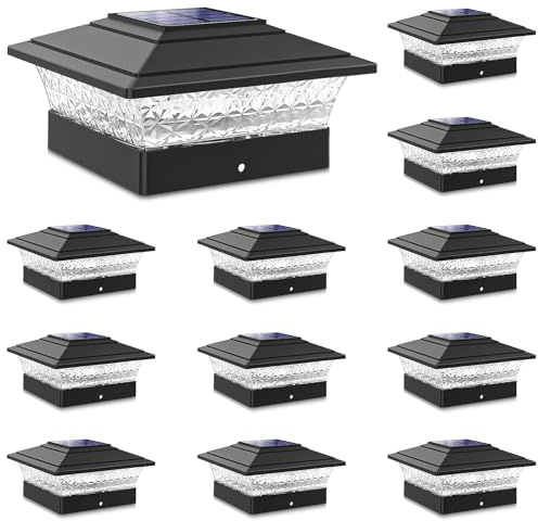 Solar Post Cap Lights Outdoor 12pack, Waterproof Fence Post Lights with 16 Ultra Bright LEDs Fit 4x4 Wood/Vinyl Posts, Black Deck Post Lights with Warm/Cool White for Garden Patio Porch Yard