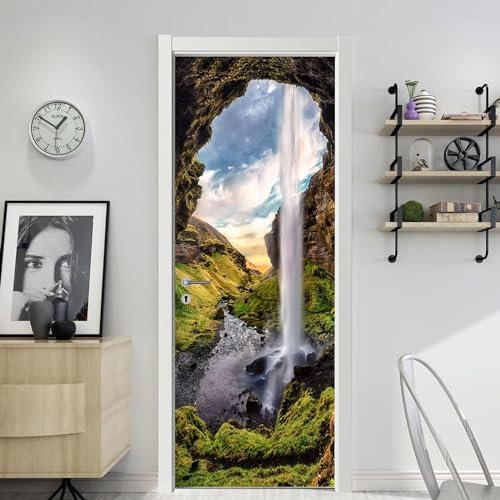 3D Türaufkleber Canyon Wasserfall Grüne Pflanzen 90 X 210 Cm Türtapete Selbstklebend Türposter - Fototapete Türfolie Wasserdichte Abnehmbare Pvc Türtapete Innentür Schlafzimmer Küche Bad Home -4Z5P0P0