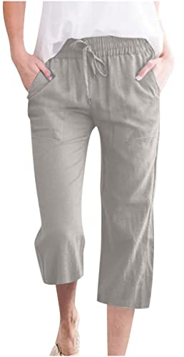 CSWH 3/4 Leichte Sommerhose Damen Einfarbig Kurze Hose mit Kordelzug Frauen Sommer Comfort Fit Freizeithose Stoffhose mit Taschen Mädchen Bequem Jogginghose Straighthose Leinenhose Yogahose