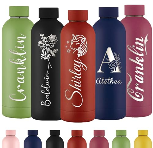 Personalisierte Trinkflasche Gravur Wasserflasche mit Namen Individuell Rostfreier Edelstahl Metall 500 ml Thermosflasche für Schule Büro Sport