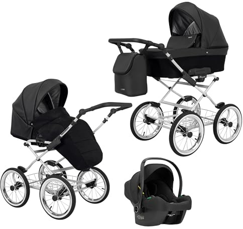KUNERT Kinderwagen ROMANTIC retro Sportwagen Babywagen Autositz Babyschale Komplettset Kinder Wagen Set 2 in 1 und 3 in 1 (schwarz eco- grauer rahmen, 3in1 Cosmo)