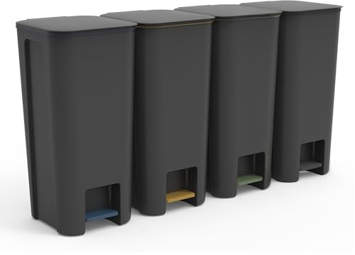 Go Practic Treteimer Set 4x40L Grau, Tretmülleimer mit Pedal und Deckel, Mülleimer, Mülltrennsystem für Papier, Kunststoff, Glas, Küchenmülleimer Recycling, Küche