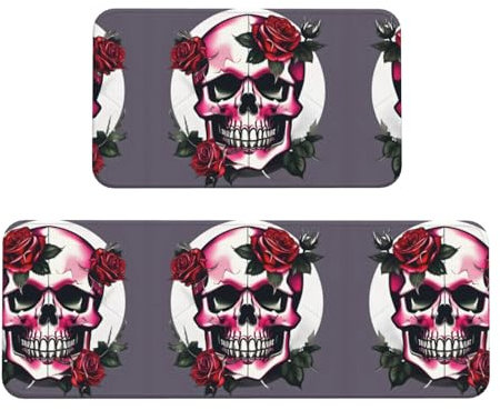 YQxwJL Küchenteppiche mit Rosen-Totenkopf-Druck, rutschfest, 2er-Set, bequeme Stehmatten für Küche, Büro