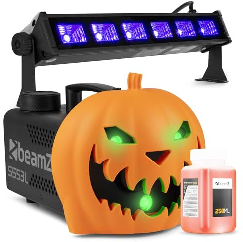 BeamZ S553L Nebelmaschine Halloween Deko mit LED Kürbis Kopf - 550 Watt Rauchmaschine mit LED UV Bar, 2-in-1 mit Halloween Kürbis Deko, 16 Farben Lichteffekt, Soundeffekt Nebelmaschine Mini