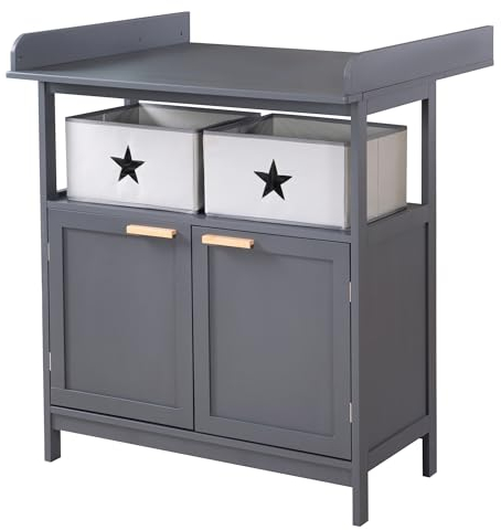 roba Wickelkommode Hamburg inkl. abnehmbarem Wickelaufsatz - Wickeltisch mit Türen & Stoffboxen - Griffe aus Bambus Holz - Anthrazit