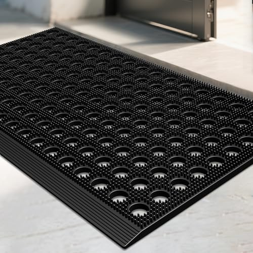 Mibao Front Door Mat Outside Entrance, Heavy Duty Welcome Rubber Doormat Waterproof, All Weather Dirt Trapper Non-Slip Drainage Doormat, Entry Mat for Garage Home Pool Commercial, 17 x 29.5, Black