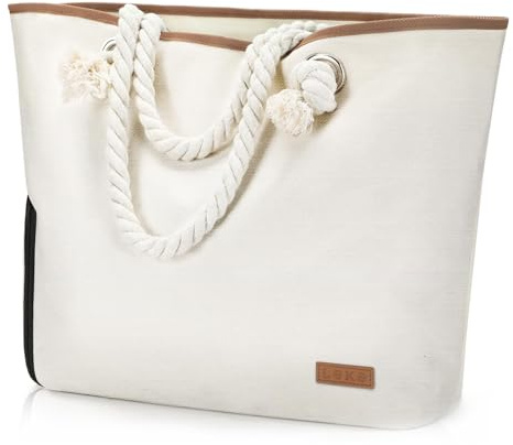 Lekespring Waterproof Beach Bag for Women, Stripe Tote Bag with Zip Large Beach Bag with Small Storage Bag Suitable for Women Family Summer Pool Bag (Off-White)