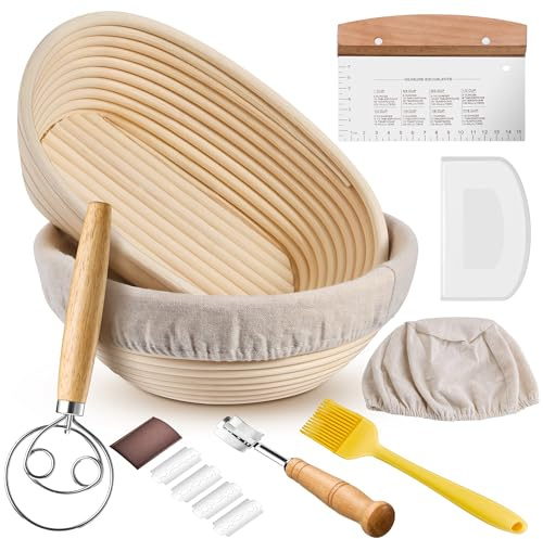 HaWare Gärkörbchen, 25cm Gärkorb Oval & Rund Brot Set mit Futter, Bäckermesser, Dänischer Schneebesen, Sauerteig Brotkorb Backen Zubehör Set für Heim- und professionelle Bäcker - Gesundes Rattan