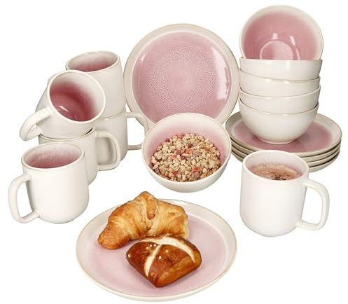MamboCat Reactive Glaze Paris 18tlg Kaffeeset I Creme & Pink I 6 Personen I Steingut-Geschirr für Frühstücks- & Kaffeezeit I Je 6x Teller, Schalen & Becher