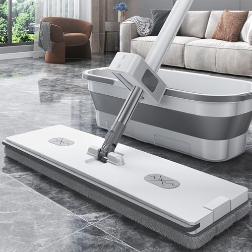 acfeco Bodenwischer Set, Wischer Boden mit Eimer, Wischmopp mit Auswringfunktion, Mop Set 140cm Verlängerter Stange 2 Ersatz Mikrofaser Pads für alle Hartböden Marmor, Fliesen