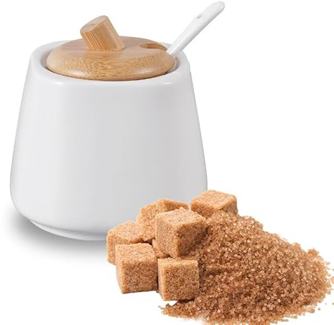 Pullmer Sucrier en céramique avec couvercle en bois de bambou et une cuillère à sucre, récipient à sucre (carré rond blanc)