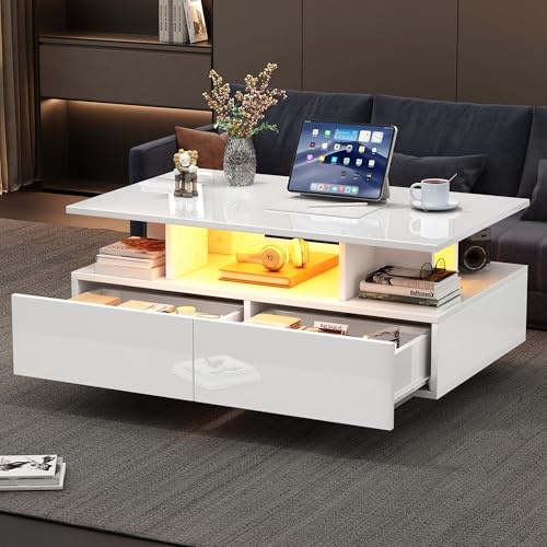 Merax Couchtisch in Hochglanz Weiß, Wohnzimmertisch mit LED Beleuchtung, Kaffeetisch mit 2 Schubladen, offenen Fächern, Stilvoller Sofatisch Beistelltisch Teetisch, Eleganter Mitteltisch Rechteckiger