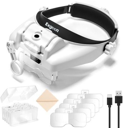 Exgoon Lupe mit Licht, 1X-14X Verstellbare Lupenbrille für Brillenträger | Wiederaufladbare LEDs mit 2 Stufen, 5 Acryl HD Linsen, 2 Linsenschlitze, Freihändige Kopflupe für Zahnarzt Kosmetik Modellbau