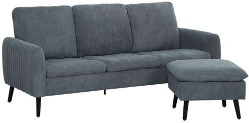 HOMCOM 3 Seater Sofa with Ottoman, 196cm Corduroy L-shaped Sofa Couch with Scatter Back, Reversible Chaise Lounge for Living Room, Home Office, Small Spaces, Charcoal Grey