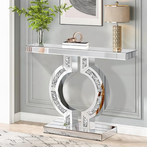 GA Home Silberner Spiegel-Consolen-Tisch mit Diamantbruch-Einlage, 99,9 cm Langer Eingangsbereich-Sofatisch, moderner Akzenttisch mit O-förmiger Basis für Wohnzimmer, Flur, Diele und Eingang