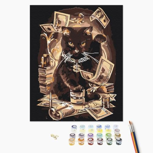 Brushme Måla efter siffror Pengarkatt Gör-det-själv Målning Kit för Vuxna 40 x 50 cm Utan Ram Kreativ Avslappning Heminredning Present för Kattälskare