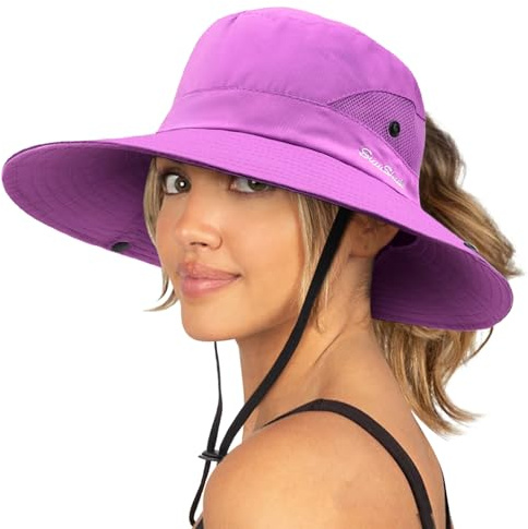 DRESHOW Damen Sonnenhut Outdoor UV-Schutz Hut faltbar Mesh breite Krempe Angeln Pferdeschwanz Strand Eimer Hüte