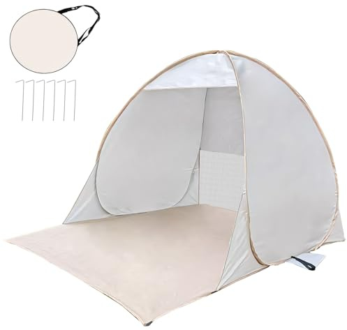 Strandmuschel Pop Up mit UV Schutz UPF 50+, Automatisches Strandmuschel Strandzelt Sonnenschutz mit Tragetasche, Sonnenschutz Windschutz für Strand Camping Picknick, Kleines Packmaß (Weiß)