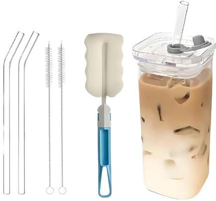 louuuou 6PCS Iced Coffee Glass with Straw Set, Iced Coffee Cups Smoothie Cup Tumbler with Straw and Lid Coffe Cup 400ml Capacity Square Glass Tumbler with Lid for Smoothies, Juice Tea Drinking