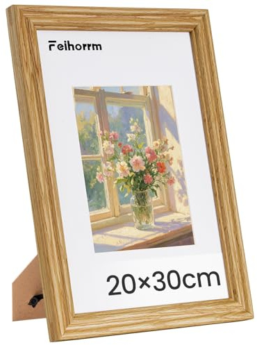 Feihorrm Vintage Bilderrahmen, Eiche Massivholz Fotorahmen, Mit gehärtetem Glas, Für 20x30 cm-Fotos ohne Passepartout oder 12x17 cm-Fotos mit Passepartout (Beige, 20x30 cm)