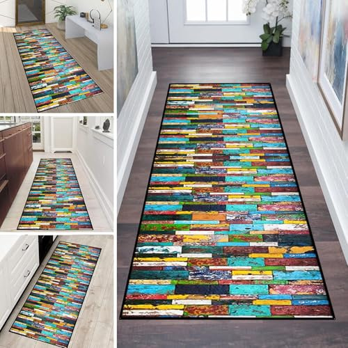 LUMIPAP Teppich Läufer Flur Teppichläufer Küchenläufer Küche Teppiche rutschfest Waschbar Bettvorleger für Flur Waschküche, 80x350cm Bunte Holzplatten