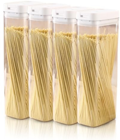 Cozlly 4 PCS Airtight Food Storage Containers, BPA-Free Clear Plastic Pantry Jars with Lids, Stackable, Durable, One-Hand Seal, Dry Food Containers for Pasta, Cereal, Nuts, Seeds, Lentils