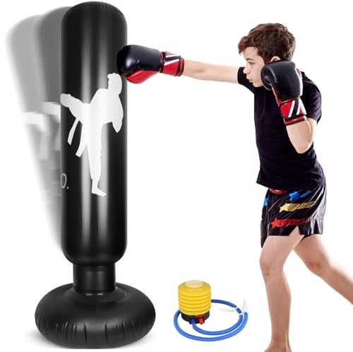Zourglow Saco Boxeo Niños, 160cm Punching Ball Inflable Estable con Bomba, Regalo para Niños y Niñas de 3 a 12 Años, Sacos de Boxeo de Pie para Karate, Taekwondo, MMA