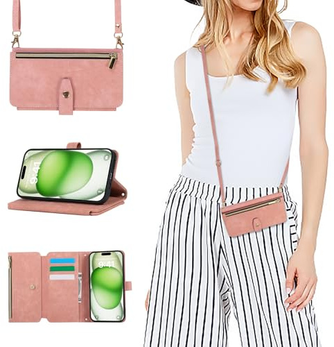 ZCDAYE Wallet Phone Case for iPhone 17 Pro Max with Lanyard Wrist Strap, Premium Leather Protective Phone Cover Useful Women Ladies Holster Flip Zip Cases for iPhone 17 Pro Max, Rose Gold | Leather Mobile Phone Case Wallet with Card Slots Mobile Phone Chain Practical Shoulder Bag Women Wallet Flip Case