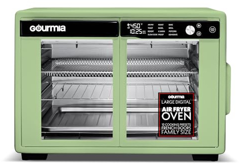 Gourmia French Door Air Fryer Oven - 37 Qt Large Capacity Convection Toaster Oven, FryForce 360°, Digital Display, 12 Cooking Presets, Dehydrate, Fits 13” Pizza, Dishwasher-Safe, Green