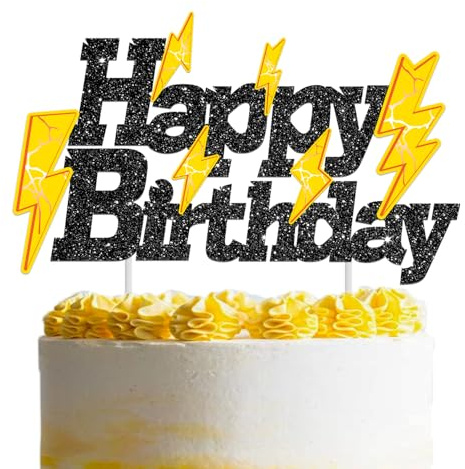 Glitter Black Lightning Bolt Birthday Cake Toppers Lightning Happy Birthday Party Decorations Lightning Cake Picks Weather Theme Cake Decorations for Kids Flsh Baby Shower Supplies