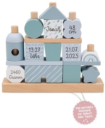 wunderwunsch smallfoot Stapelhaus personalisiert, Motorikspielzeug für Kinder, Motorikwürfel Baby, Geschenkt zur Geburt, Geburtstagsgeschenk mit Namen (blau)