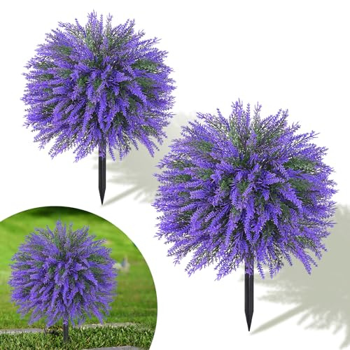 Dolicer 2 Sets Artificial Topiary Ball Trees for Outdoor, 22Inches Lavender Fake Bushes Plants with Ground Spike, Large UV Resistant Artificial Shrubs for Garden Front Yard Porch Patio Home Decor