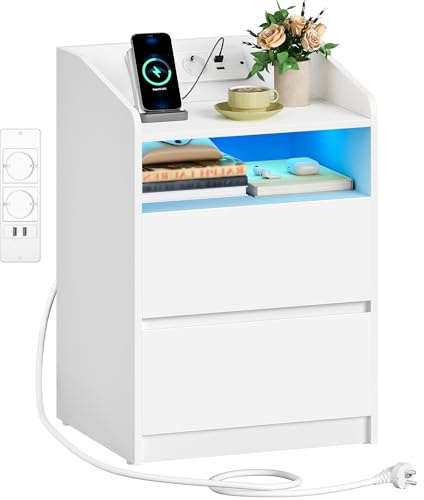 Hzuaneri Nachttisch, Beistelltisch mit 2 Schubladen, 2 AC-Steckdosen, 2 USB-A-Anschlüsse, LED-Beleuchtung, Offenes Fach, Modern, Schlafzimmer, Wohnzimmer, 35 x 40 x 58 cm, Weiß NS60003XEU