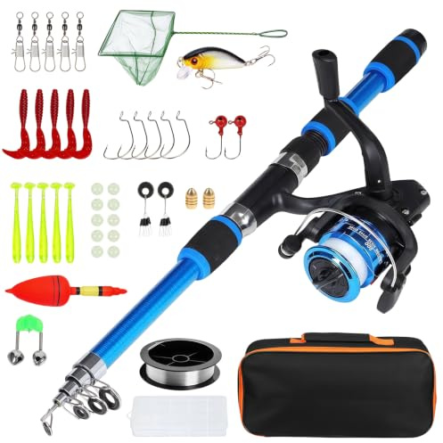 Juego de pesca para niños, caña de pescar telescópica de 1,8 m, con carrete, línea de pesca, red de pesca y bolsa de transporte, juego completo para principiantes, accesorios para niños y adultos