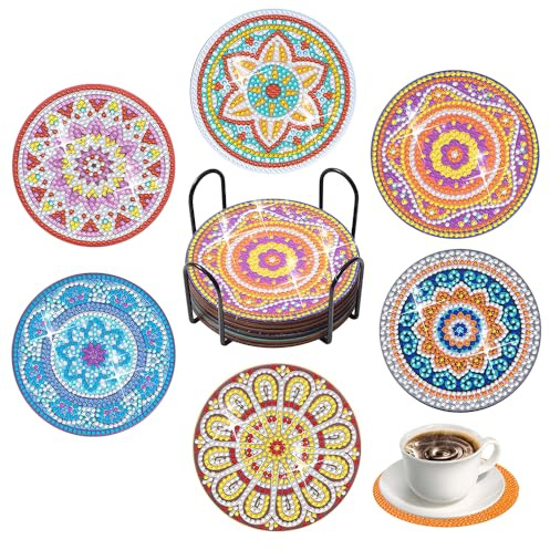 6 Piezas Posavasos Pintura De Diamantes con Soporte,Posavasos Diamond Painting,HMCEY DIY Posavaso Kit,Posa Vasos para Bebidas,Posavaso Tazas Reutilizables para Adultos y Niños, Principiantes